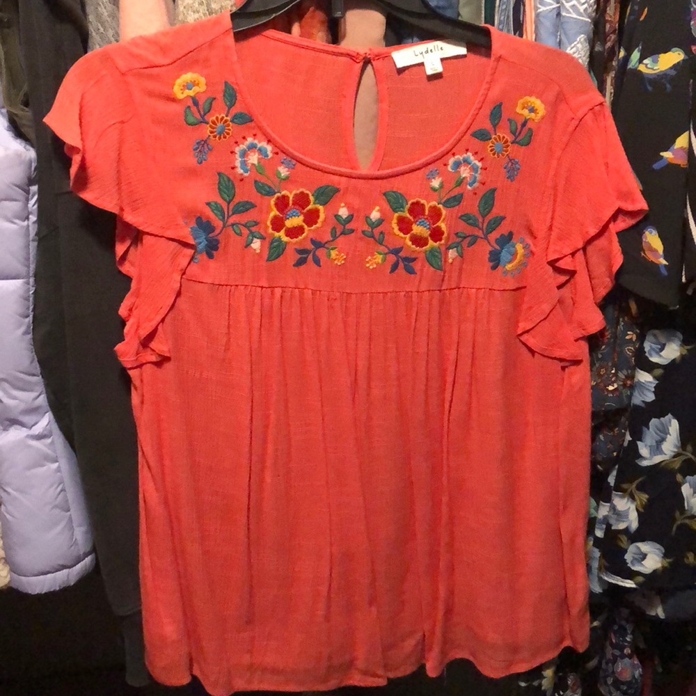 Embroidered Flutter Sleeve Top